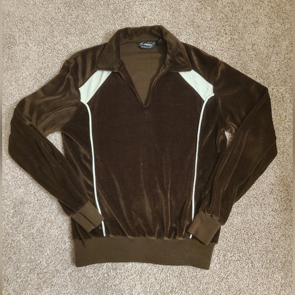 70s Vintage Townsley Velour Vneck Pullover Brown White